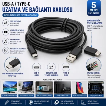 shopwave 5 metre USB-A → USB Type-C uzatma/bağlantı kablosu