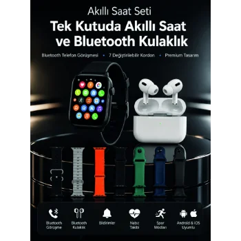 7 Kordonlu Akıllı Saat ve Bluetooth Kulaklık Seti Nabız Takibi, Bildirimler ve Spor Modları