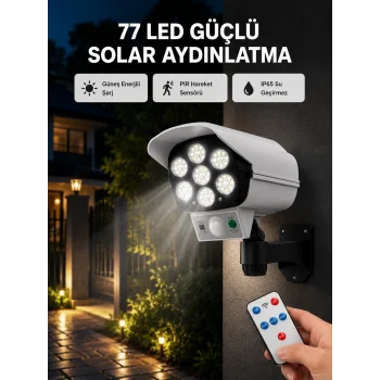 77 LEDli Güneş Enerjili Güvenlik Lambası ve Kukla Kamera – Hareket Sensörlü, 2400mAh Pilli
