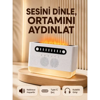 8 Çeşit Beyaz Gürültülü Kablosuz Hoparlör ve Renkli Alev Efektli Gece Lambası