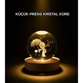 8 cm Küçük Prens 3D Kristal Küre USB Işıklı Ahşap Altlıklı Dekoratif Lamba