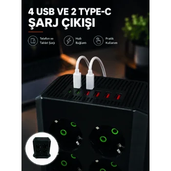 8li Dikey Çoklu Priz 4 USB 2 Type-C Akım Korumalı Anahtarlı Priz