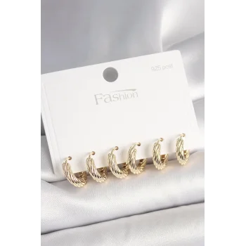 925 Ayar Gümüş Çivi Pirinç Gold Renk İşlemeli Halka Model Kadın Küpe Seti