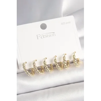 925 Ayar Gümüş Çivi Pirinç Gold Renk Sarmal Halka Model Kadın Küpe Seti