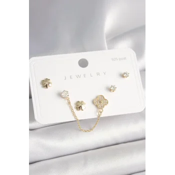 925 Ayar Gümüş Çivi Pirinç Gold Renk Zirkon Taşlı Yonca Model Sallantı Zincir Detay Kadın Küpe Seti