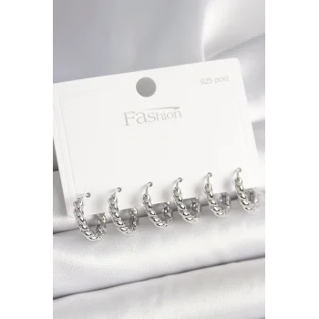 925 Ayar Gümüş Çivi Pirinç Gümüş Renk Sarmal Halka Model Kadın Küpe Seti