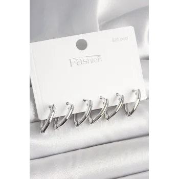 925 Ayar Gümüş Çivi Pirinç Gümüş Renk Üçgen Model Kadın Küpe Seti