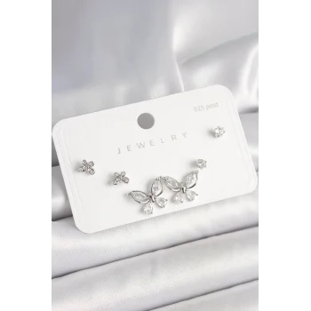 925 Ayar Gümüş Çivi Pirinç Gümüş Renk Zirkon Taşlı Kelebek Model Kadın Küpe Seti