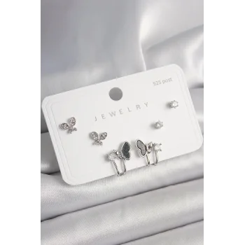 925 Ayar Gümüş Çivi Pirinç Gümüş Renk Zirkon Taşlı Kelebek Model Kadın Küpe Seti