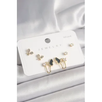 925 Ayar Gümüş Çivi Pirinç Zirkon Taşlı Kelebek Model Kadın Küpe Seti