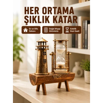 Ahşap Kum Saati ve Deniz Feneri Figürü Bir Arada – Ev & Ofis Dekorasyonu Yeni Nesil
