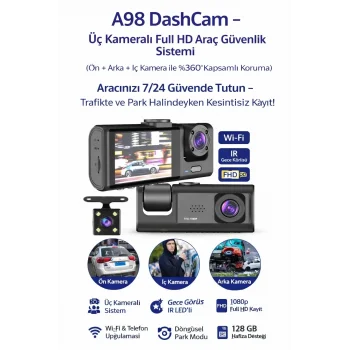 Akıllı Full Hd 3 Kameralı Araç İçi Güvenlik Kamerası Ön-arka-iç Kayıt, Park Modu
