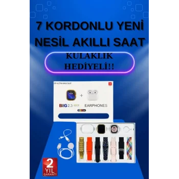 Akıllı Saat 7 Kordonlu Kulaklık Hediyeli Nabız Ölçer Uyku Takibi Sesli Görüşme