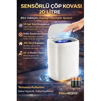 Akıllı Sensörlü Uv Işıklı 20 Litre Çöp Kovası - Mutfak, Banyo, İşyeri Ve Ofis Kullanımı