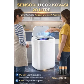 Akıllı Teknolojik Sensörlü Otomatik Açılan Kapak 20 Litre Çöp Kovası Uv Işıklı