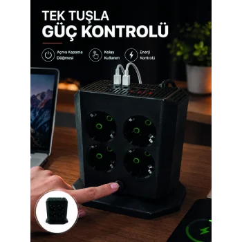 Akım Korumalı 8li Dikey Priz 4 USB 2 Type-C Hızlı Şarj Destekli Çoklu Priz