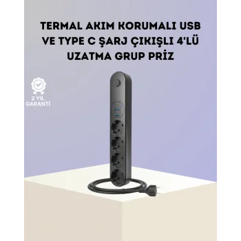 Akım Korumalı Çoklu Priz 4’lü 2 USB 1 Type-C 2500W Güçlü Tasarım