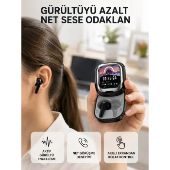 Aktif Gürültü Engelleme Özellikli Kablosuz Kulaklık – Akıllı Ekranlı Şarj Kutusu