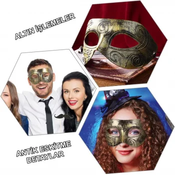 Altın Eskitme Yüz Maskesi - Antik Tarz Balo Maskesi