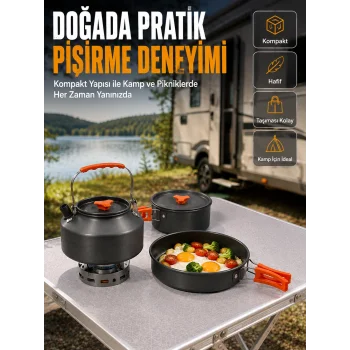 Alüminyum Kamp Pişirme Seti Katlanabilir Kulplu Çaydanlık Tencere Tava Outdoor Yemek Seti