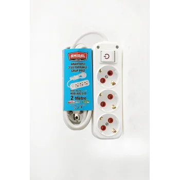 Amiral 3 lü Topraklı Anahtarlı 2 Metre Kablolu Grup Priz