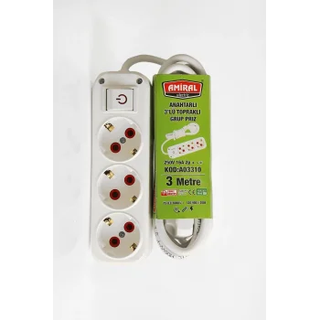 Amiral 3 lü Topraklı Anahtarlı 3 Metre Kablolu Grup Priz