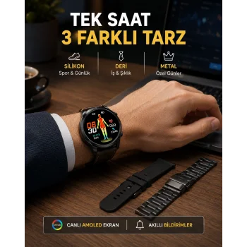 AMOLED Ekranlı Akıllı Saat – 3 Kordon Seçenekli, Suya Dayanıklı, Kalp Atış ve Uyku Takip Özellikli