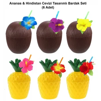 Ananas &amp;amp; Hindistan Cevizi Tasarımlı Pipetli Bardak Seti (6 Adet) (5047)