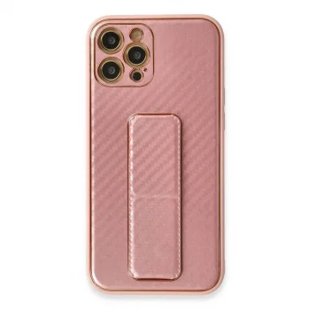Apple İphone 12 Pro Kılıf Coco Karbon Standlı Kapak - Pembe