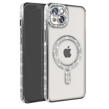 Apple İphone 14 Kılıf Joke Simli Magneticsafe Kılıf - Gümüş