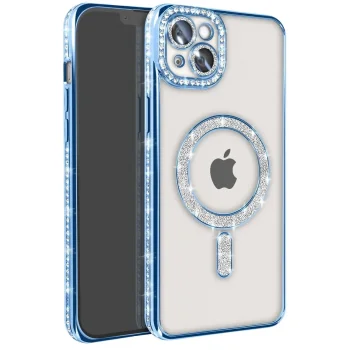 İphone 14 Kılıf Joke Simli Magneticsafe Kılıf - Mavi