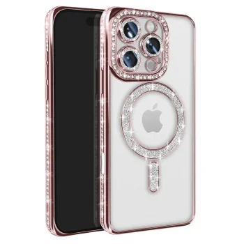 Apple İphone 16 Pro Max Kılıf Joke Simli Magneticsafe Kılıf - Pembe