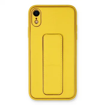 İphone Xr Kılıf Coco Deri Standlı Kapak - Sarı