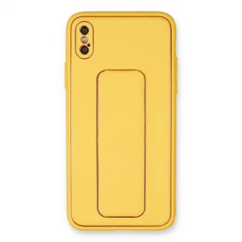 İphone Xs Max Kılıf Coco Deri Standlı Kapak - Sarı