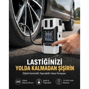 Araç Lastik Şişirme Pompası ve Akü Takviye Powerbank Bir Arada Yeni Nesil