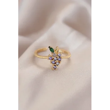 Ayarlamalı Altın Renk Metal Renkli Zirkon Taşlı Üzüm Yüzük