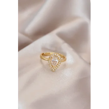 Ayarlamalı Gold Renk Metal Zirkon Taşlı Damla Model Yüzük