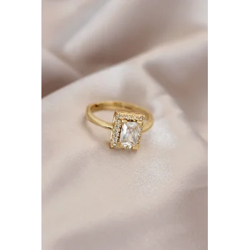 Ayarlamalı Gold Renk Metal Zirkon ve Kristal Taşlı Dikdörtgen Model Yüzük
