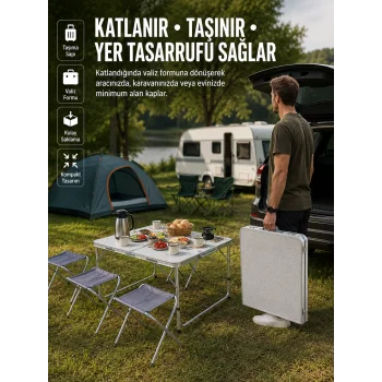 Ayarlanabilir Yükseklikli Kamp ve Piknik Masası 4 Kişilik Katlanabilir Masa Seti
