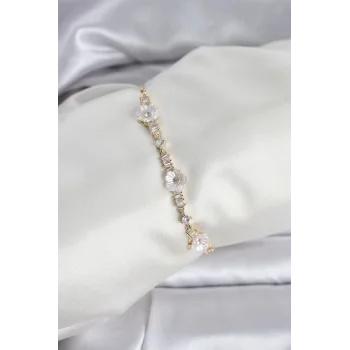 Baget Zirkon Taşlı Çiçek Model Gold Renk Asansörlü Kadın Bileklik