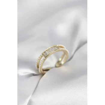 Baget Zirkon Taşlı Gold Renk İncili Kadın Yüzük
