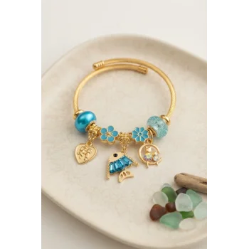 Balık Charmlı Mavi Renk Gold Bileklik