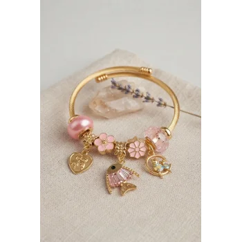 Balık Charmlı Pembe Renk Gold Bileklik