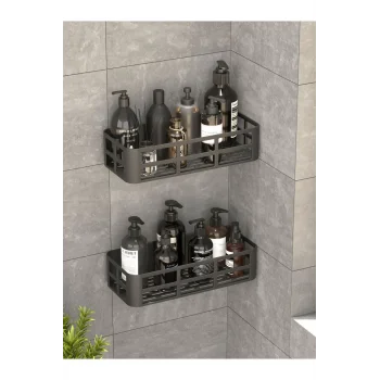 Banyo Duş Rafı 2li Yapışkanlı Ve Deliksiz Duş Organizer Suya Dayanıklı Siyah Raf