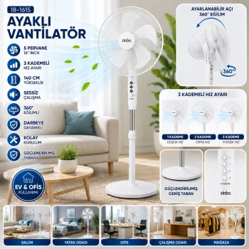 BEYAZ 5 PERVANE - 16 INC EV - OFİS KOMPAKT - SESSİZ - ÜÇ KADEME 140CM YÜKSEKLİK AYAKLI VANTİLATÖR SF-6789 (5047)