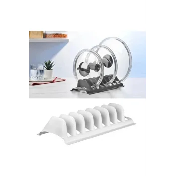 Beyaz - 8 Bölmeli Tencere Kapak Rafı - Simple Tabaklık - Kapak Organizeri