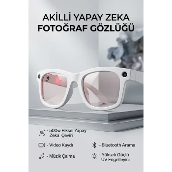 Beyaz Aı Akıllı Gözlük No 16 Kameralı Bluetooth Yapay Zeka Asistanlı Kameralı Bluetooth Akıllı