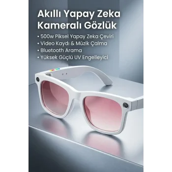 Beyaz Aı Akıllı Gözlük No 18 Kameralı Bluetooth Beyaz Çerçeveli Kamera Mikrofonlu Akıllı Gözlük