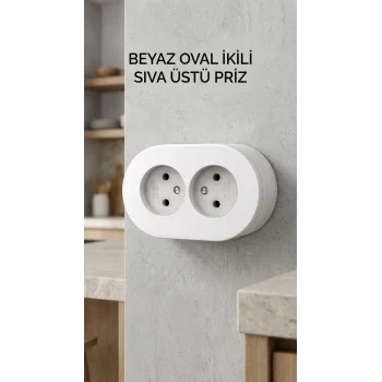 Beyaz Çift Girişli Topraklı Sıva Üstü Elektrik Prizi, Modern Tasarım