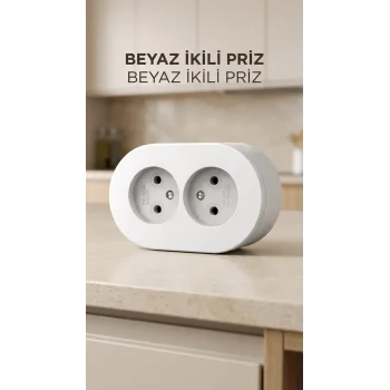 Beyaz Çift Girişli Topraklı Sıva Üstü Priz, Dekoratif Duvar Elektrik Ünitesi